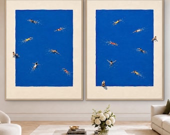 Diptych Wall Art, Blue Pool Swimmers Oil Painting, Original Textured Wall Art, Swimming Pool Scene