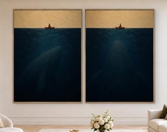 Minimalist Ocean Diptych Wall Art, Whale Canvas Set, Fishing Boat Artwork, Coastal Modern Decor, Set of 2 Ocean Prints