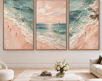 Pink Sand Ocean Wave Oil Painting, Emerald Sea Sailboat Impasto Canvas Art, 3 Piece Beach Wall Decor, Vertical Coastal Artwork Set