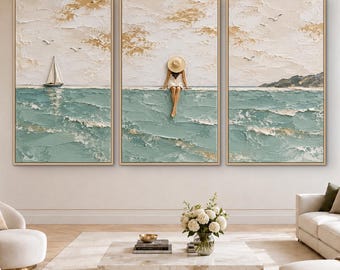 3 Piece Wall Art, Woman in Teal Ocean Oil Painting, Sailboat Coastal Scene, Original Textured Art