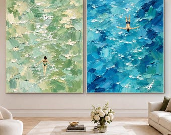 Aerial Swimmers Oil Painting, 2 Piece Wall Art, Sage Green and Blue Ocean Scene, Original Textured Coastal Art