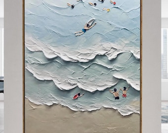 Beach Joy Ocean Art Hand Painted Extra Large Heavy Textured Minimalist Art, Abstract Oil Painting Contemporary Home Decor