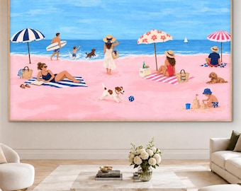 Pink Beach Day Oil Painting, Coastal Wall Art, Family Surf Scene, Original Summer Beach Art, Colorful Seaside Painting