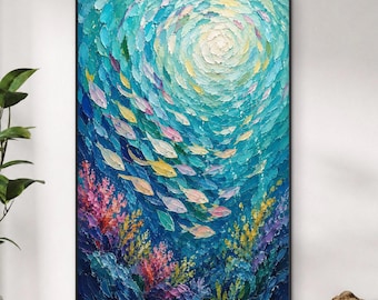 Tropical Fish Wall Art, Underwater Ocean Painting, Coastal Canvas Art, Colorful Marine Artwork, Beach House Decor