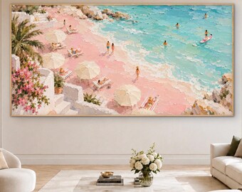 Pink Beach Scene Oil Painting, Coastal Wall Art, Turquoise Ocean Art, Original Summer Seascape