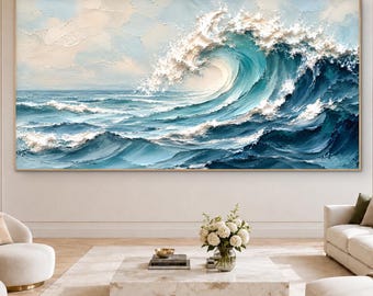 Ocean Wave Oil Painting, Turquoise Coastal Wall Art, Textured Seascape, Original Large Horizontal Canvas