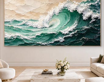 Turquoise Ocean Wave Painting, Textured Coastal Seascape, Horizontal Oil Painting, Large Green Wall Art