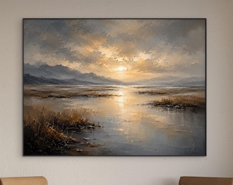 Cuadro de paisaje extragrande, arte mural de lago con puesta de sol dorada, lienzo con paisaje de montaña, decoración de paisaje neutro de lujo, pieza impactante.