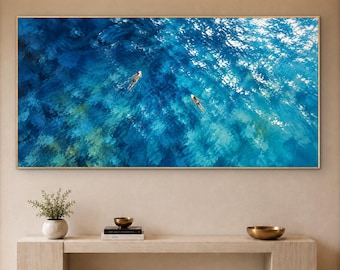 Surfing Ocean Water Oil Painting, Horizontal Blue Sea Impasto Canvas Art, Wide Surfer Beach Wall Decor, Coastal Artwork