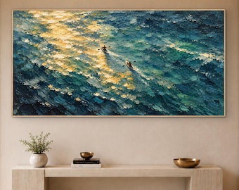 Two Swimmers in Teal Water Oil Painting, Textured Wall Art, Coastal Art, Original Golden Ocean Scene