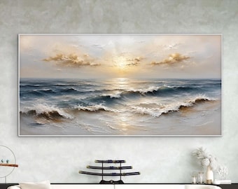 Cuadro mural extragrande de olas del océano, decoración panorámica para casa de playa, obra de arte de lujo sobre lienzo con paisaje marino, pieza moderna que marca tendencia en el ámbito costero.