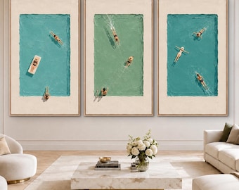 Aerial Swimmers and Boat Oil Painting, 3 Piece Wall Art, Aqua Coastal Scene, Original Ocean Art