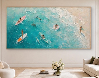 Heavy Impasto Ocean Shoreline Oil Painting, Sea Turtle & Aerial Swimmers Canvas Art, Blue Wave Wall Decor, Panoramic Seascape