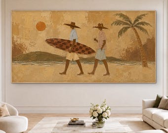 Surfer Wall Art, Coastal Lifestyle Painting, Beach Couple Canvas, Tropical Surf Decor, Modern Boho Coastal Artwork