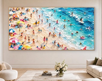 Horizontal Beach Volleyball Oil Painting, Panoramic Ocean Waves Impasto Canvas Art, Aerial Beach Crowd Wall Decor, Wide Summer Artwork