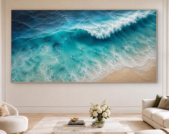 Aerial Ocean Wave Painting, Turquoise Surf Wall Art, Surfing Seascape Oil Painting, Coastal Beach House Decor, Textured Ocean Artwork