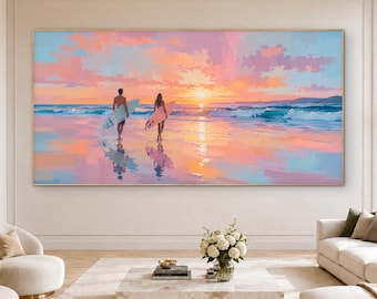 Sunset Surfer Couple Oil Painting, Pink Ocean Beach Canvas Art, Surfing Surfboard Wall Decor, Large Panoramic Coastal Artwork