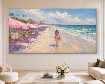 Pink Umbrella Beach Oil Painting, Heavy Texture Luxury Resort Canvas Art, Pastel Summer Beach House Wall Decor, Large Panoramic Painting