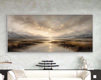 Cuadro panorámico extragrande, arte mural de gran tamaño con lago de montaña, obra de arte de lujo sobre lienzo con motivos naturales, decoración neutra para la sala de estar.