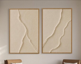 Gran díptico abstracto en tonos neutros, conjunto de arte mural texturizado en color crema, obra de arte moderna de lujo sobre lienzo, decoración minimalista, decoración mural de gran tamaño.