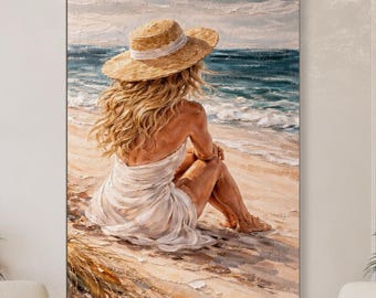 Original Oil Painting Seated Beach Woman, Coastal Seascape Art, Hand Painted Ocean View Artwork, Relaxing Summer Wall Decor, Unique Painting