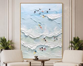 The Beach Joys Ocean Surfing Art, Hand Painted Extra Large Heavy Textured 3D Minimalist Swimming Art Abstract Oil Painting, Coastal Wall Art