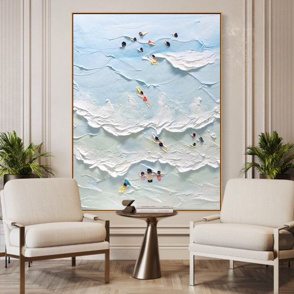 The Beach Joys Ocean Surfing Art, Hand Painted Extra Large Heavy Textured 3D Minimalist Swimming Art Abstract Oil Painting, Coastal Wall Art