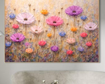 Pastelbloemenolieverfschilderij, bloemen muurkunst met textuur, tuinkunst, romantisch huisdecor, Cottagecore kunst aan de muur, groot canvas schilderij