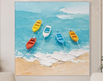 Arte mural minimalista de barco costero, pintura de playa texturizada, lienzo náutico moderno, decoración estilo Hampton
