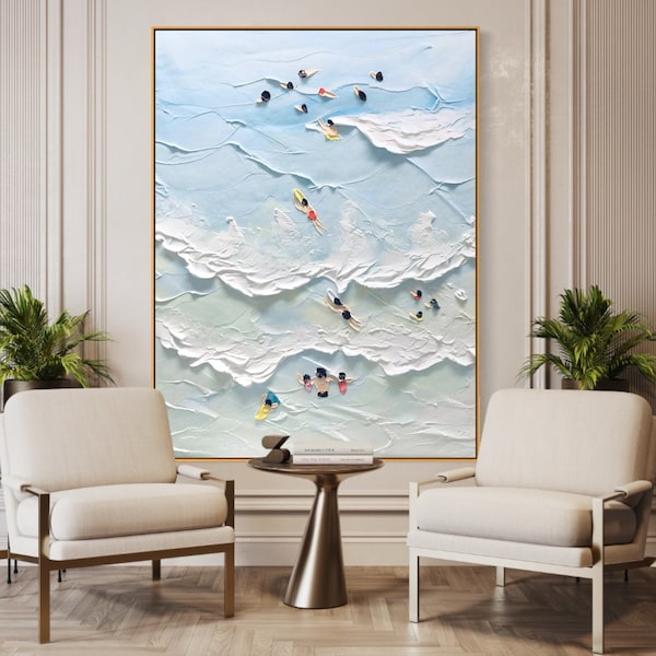 The Beach Joys Ocean Surfing Art Hand Painted Extra Large Heavy Textured 3D Minimalist Swimming  Art Abstract Oil Painting Contemporary Art