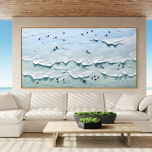 Paesaggio spiaggia oceano arte, dipinto a mano extra large pesante texture nuoto pittura, minimalista astratto costiero acrilico sala da pranzo arte