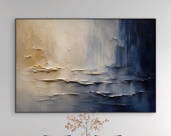 Cuadro abstracto texturizado de gran tamaño, arte de pared en azul marino y crema, obra de arte moderna de lujo sobre lienzo, decoración costera neutra, pieza decorativa de gran tamaño.