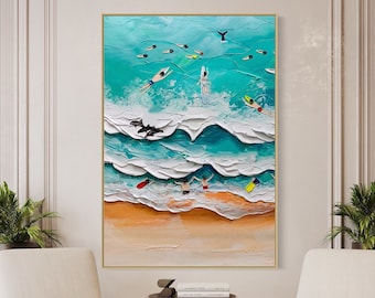 Oversized Beach Joy No 28 Swimming Surfing Art Hand Painted Extra Large Textured 3D Minimalist Art Abstract Acrylic Painting Modern Art