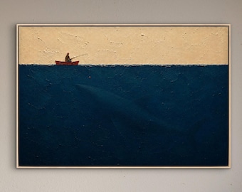 Minimalist Fishing Boat Wall Art, Fisherman Ocean Painting, Modern Nautical Canvas, Coastal Minimal Decor, Blue Sea Artwork