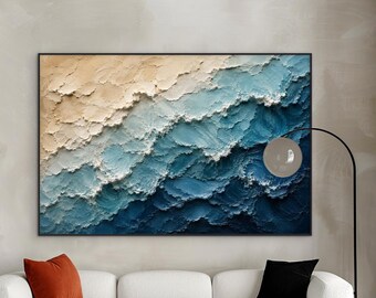 Cuadro abstracto extragrande de olas del océano, arte mural costero azul, obra de arte sobre lienzo texturizado, decoración moderna para casa de playa, pieza de lujo que marca la diferencia.