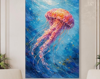 Arte mural de medusas coloridas, pintura oceánica texturizada de gran tamaño, arte costero vibrante, decoración moderna para casa de playa