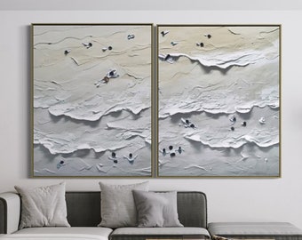 Ocean Swimming Surfing at Beach Art Grey Hampton Hand Painted Oversized Heavy Textured 2pcs per set Art Abstract Painting Contemporary Art