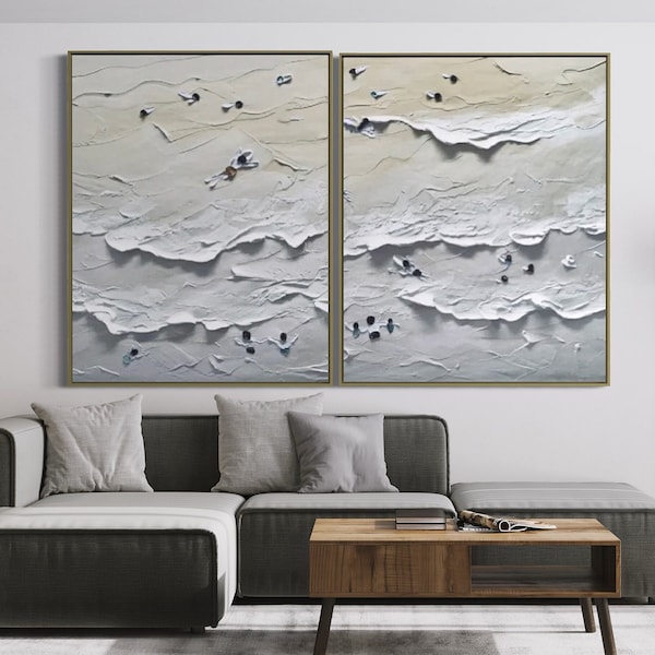 Ocean Swimming Surfing at Beach Art Grey Hampton Hand Painted Oversized Heavy Textured 2pcs per set Art Abstract Painting Contemporary Art