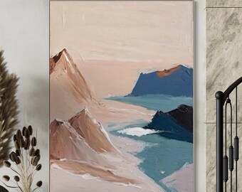 Strukturiertes abstraktes Landschaftsgemälde, erdfarbene Berg- und Seekunst, minimalistische neutrale Wanddekoration für das Wohnzimmer