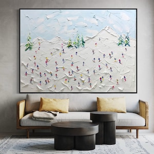 Landscape Original Snow Mountain Art, Hand-Painted Sport Art, Large 3D Textured Mountain Skiing Art, Abstract Oil Painting, Snowy Winter Art image 1