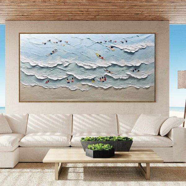Paesaggio Beach Joy No.12 Arte del surf sull'oceano, Arte originale dipinta a mano, Opera d'arte da spiaggia 3D extra large, Pittura a olio astratta, Arte della parete personalizzata
