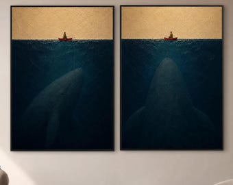 Minimalist Ocean Diptych Wall Art, Whale Canvas Set, Fishing Boat Artwork, Coastal Modern Decor, Set of 2 Ocean Prints