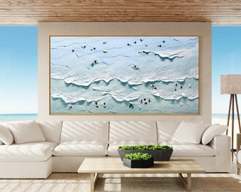 Landscape Beach Ocean Art, Hand Painted Extra Large Heavy Textured Swimming Painting, Minimalist Abstract Coastal Acrylic Dining Room Art
