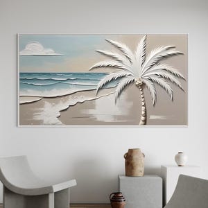 Textured Beach Tree Oil Painting: Beige Blue Ocean Wave Art