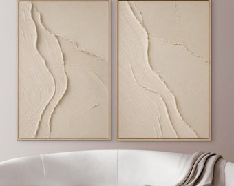 Díptico de arte mural con textura neutra, conjunto de lienzos abstractos en blanco crema, obra de arte minimalista moderna, decoración beige de lujo, conjunto de arte mural extragrande