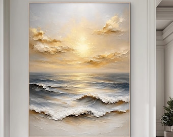 Cuadro de olas costeras, arte mural grande para casa de playa, lienzo con paisaje marino de amanecer dorado, decoración costera de lujo, obra de arte vertical del océano.
