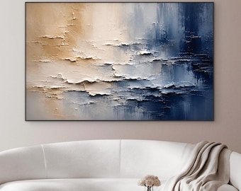 Pintura abstrata texturizada de grandes dimensões, arte de parede em tons de azul marinho e creme, obra de arte moderna e luxuosa em tela, decoração costeira neutra, peça de destaque de grandes dimensões.