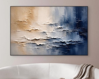 Cuadro abstracto texturizado de gran tamaño, arte de pared en azul marino y crema, obra de arte moderna de lujo sobre lienzo, decoración costera neutra, pieza decorativa de gran tamaño.