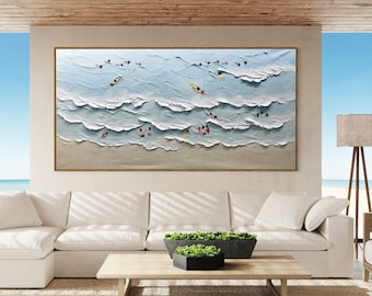 Landscape Beach Joy No.12 Ocean Surfing Art, Hand Painted Original Art, Extra Large 3D Beach Artwork, Abstract Oil Painting, Custom Wall Art