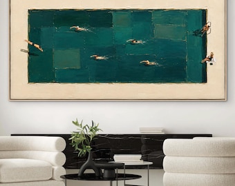 Swimming Pool Wall Art, Modern Poolside Painting, Luxury Resort Canvas, Minimalist Coastal Artwork, Contemporary Home Decor